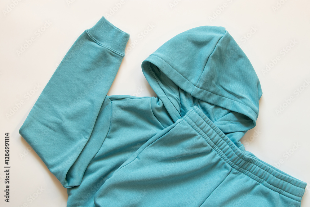 Light blue cotton sweatpants and sweatshirt on white background Light blue cotton sweatpants and sweatshirt on white background
