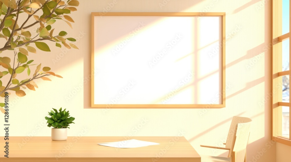 Fototapeta premium Bright Minimalist Home Office Setup with Empty Frame and Plant