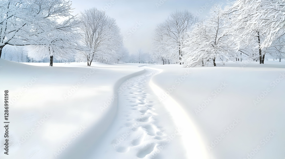 Fototapeta premium Snowy path winding through winter park; tranquil scene
