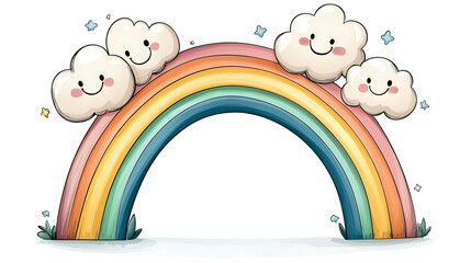 Ingelijste posters Regenboog Regenboog met lachende wolkengezichten  © Aino Minako
