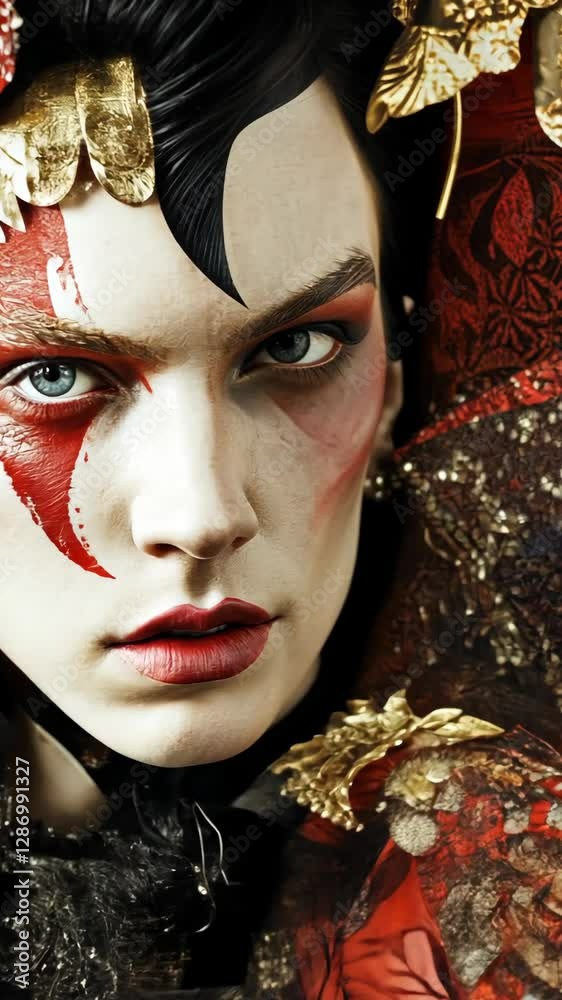 Model showcasing intricate makeup at an artistic fashion event with dramatic attire in an artistic setting