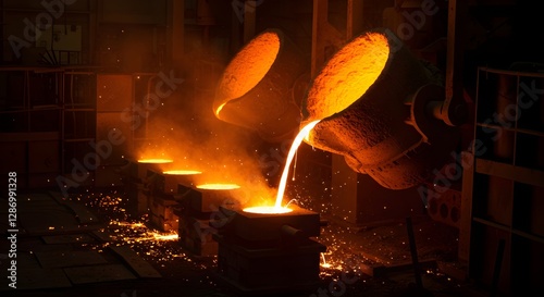 Hot molten metal pouring from ladles in steel foundry at night. Industrial metallurgy process with sparks and glow. Manufacturing and production concept