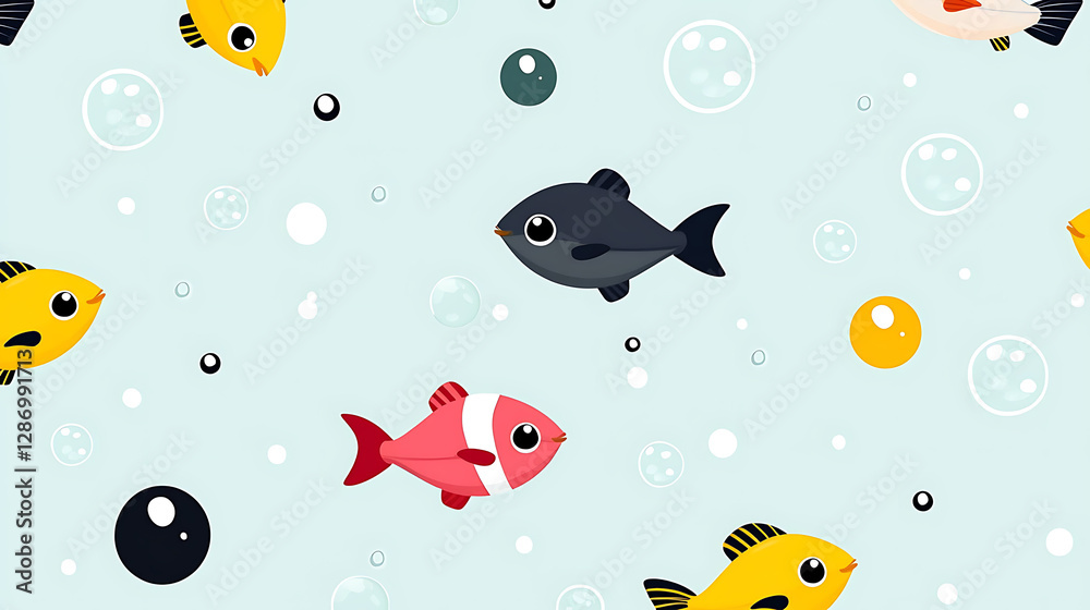 Obraz premium A cartoonish drawing of several fish swimming in a blue ocean. generated using AI
