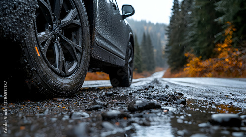 Rainy autumn road trip, SUV tire close-up, forest background