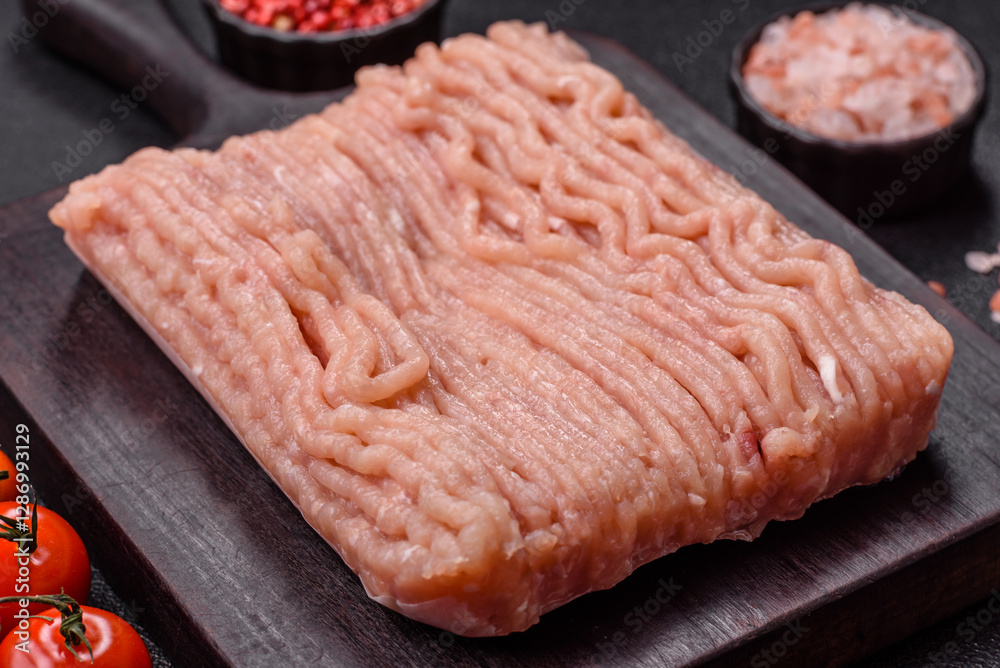 Raw minced chicken with salt, spices and herbs Raw minced chicken with salt, spices and herbs