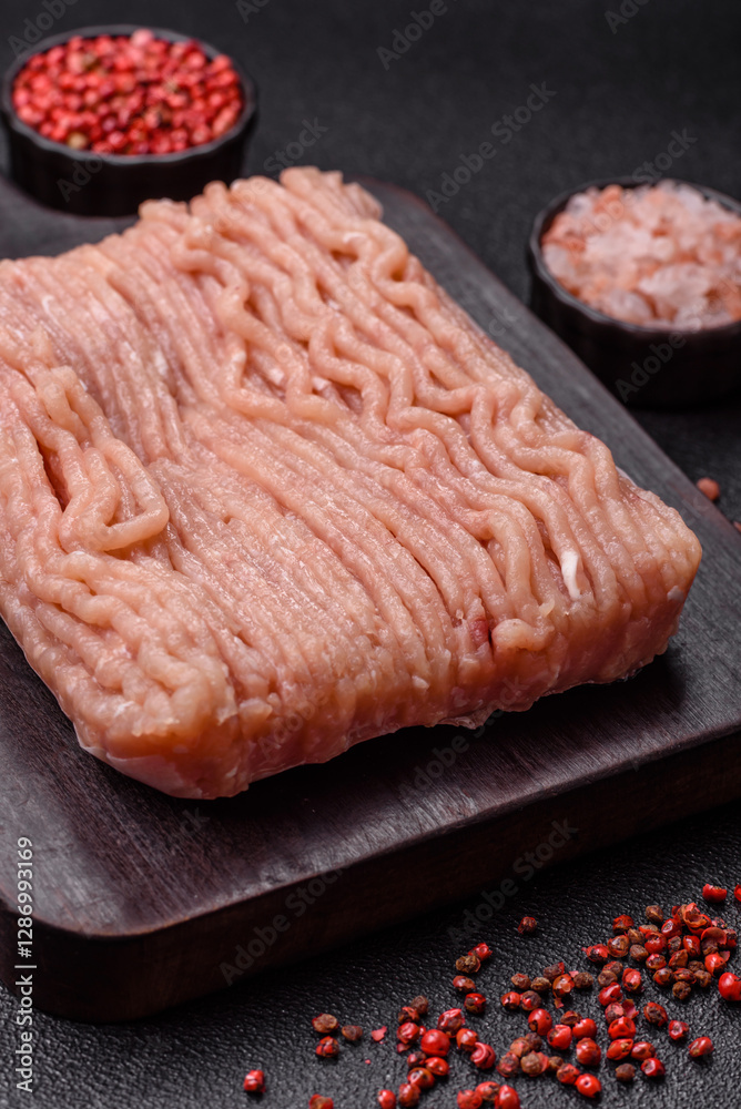 Raw minced chicken with salt, spices and herbs Raw minced chicken with salt, spices and herbs