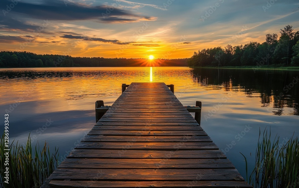 Obraz premium Professional stock photo of a Wooden Dock Extending into a Serene Lake at Sunset