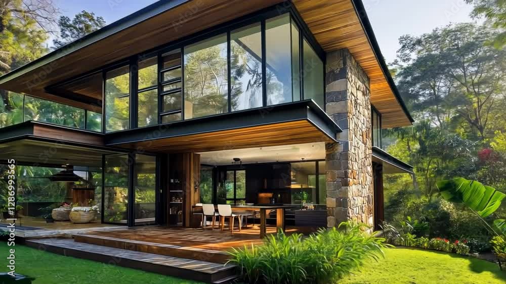 Modern Eco-Friendly House Surrounded by Lush Green Nature Landscape Modern Eco-Friendly House Surrounded by Lush Green Nature Landscape