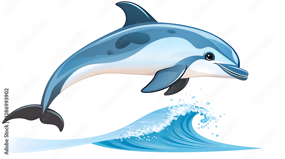 Fototapeta premium A cartoon dolphin is flying through the air above a wave. generated using AI