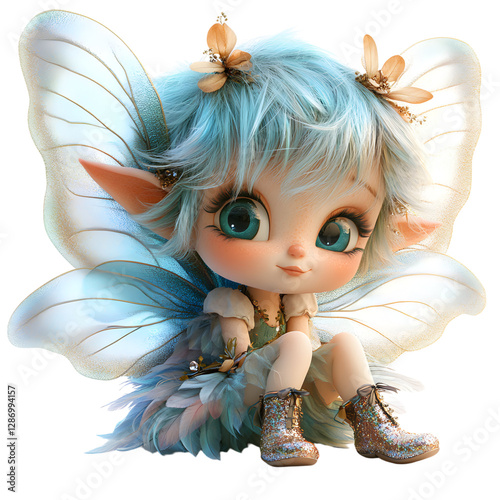 Fluffy 3D Cartoon Fairy Sitting Isolated on Transparent Background