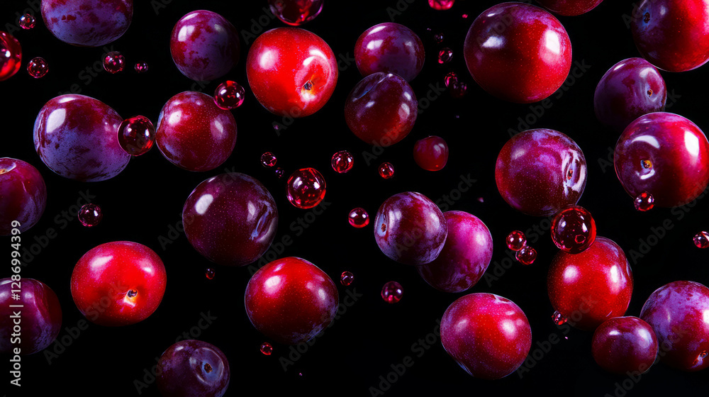 Vibrant background of floating plums and dark purple bubbles for creative designs Vibrant background of floating plums and dark purple bubbles for creative designs