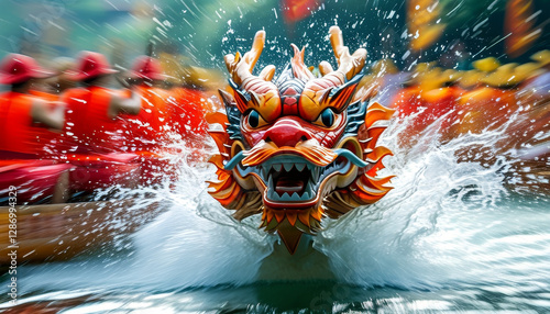 Dragonboat festival concept: Dragon Boat Energy, intense dragon boat race scene, Dynamic splashes of water and blurred oars in motion create a sense of speed and excitement, Duanwu, Chinese tradition