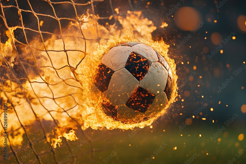 Fototapeta premium Fiery Soccer Ball In Goal With Net In Flames