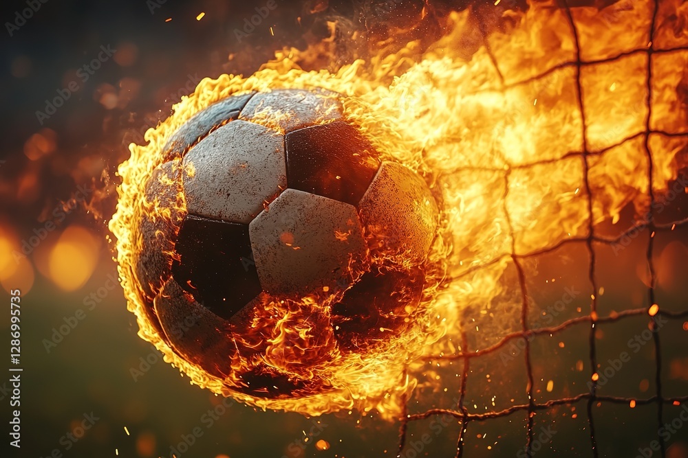 Fototapeta premium Fiery Soccer Ball In Goal With Net In Flames