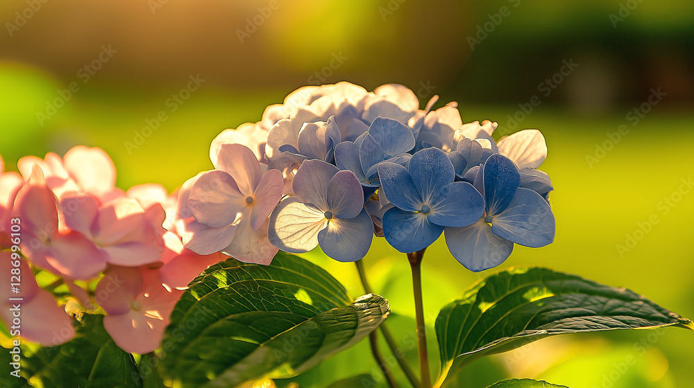 Soft sunlight enhances the colors of vibrant hydrangea blooms, showcasing delicate petals in shades of blue and pink. The lush green setting adds to the tranquil garden ambiance Soft sunlight enhances the colors of vibrant hydrangea blooms, showcasing delicate petals in shades of blue and pink. The lush green setting adds to the tranquil garden ambiance