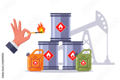 Chemical toxic hazardous liquids. Flammable and explosive oil. Fuel container. Gas container. Plastic bottle. Metal barrel. Storage of hazardous liquid. Flat illustration