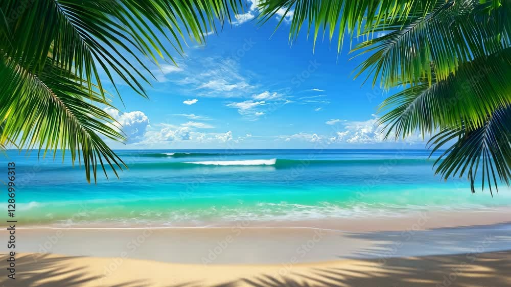 Tropical Beach with Palm Trees and Turquoise Ocean Waves Video Background. Summer Holiday Video Background. Tropical Beach with Palm Trees and Turquoise Ocean Waves Video Background. Summer Holiday Video Background.