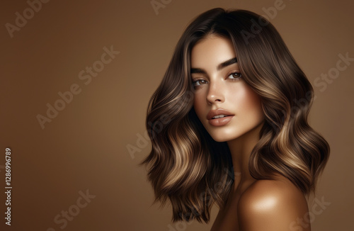  Beautiful brunette Woman with hair coloring balayage and shatush  . with medium length soft  wavy hair  , modern look . Beautiful girl model with curly hairstyle 