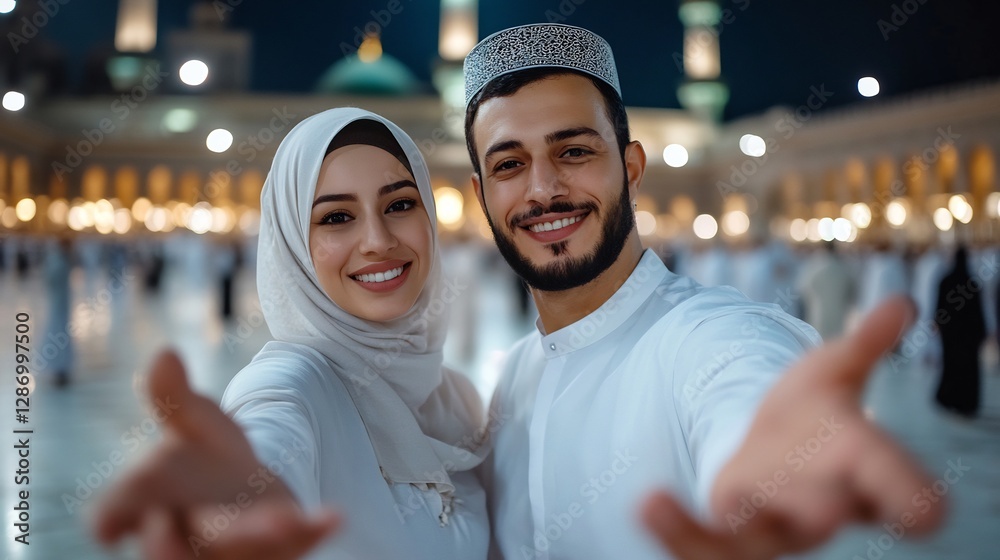 Smiling Muslim Couple Holding Hands Outdoors at Night in Front of Illuminated Mosque