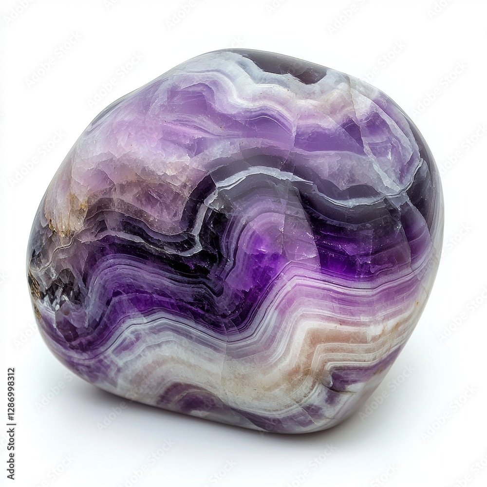 Obraz premium Purple and white swirled polished fluorite gemstone isolated on white