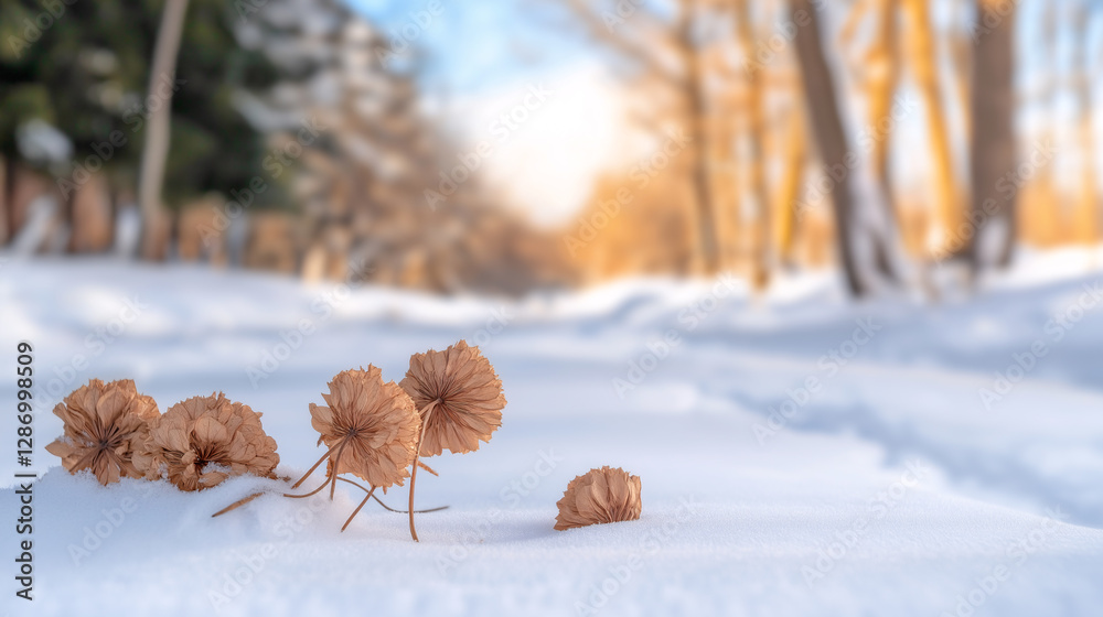 Obraz premium Delicate dried hydrangeas lie scattered in pristine snow, with a backdrop of a tranquil winter forest illuminated by warm golden sunlight filtering through the trees