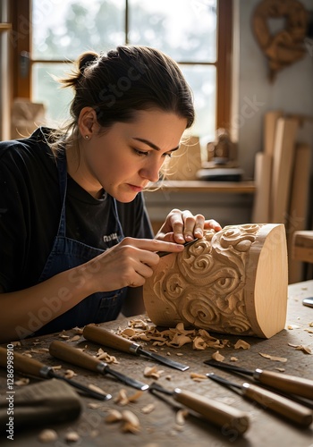 Young woman craftsman carving wooden box with traditional tools at workshop. Artisan creating decorative pattern in warm sunlight. Handmade woodworking art