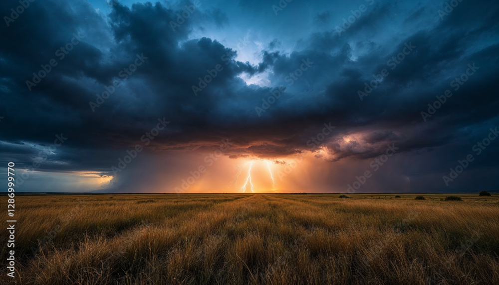 A field of grass under a stormy sky with lightning, dark clouds and stars, the horizon is visible in the background A field of grass under a stormy sky with lightning, dark clouds and stars, the horizon is visible in the background