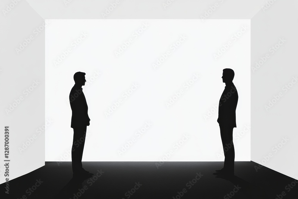 Two silhouettes in formal attire facing each other in a minimalist white room during daytime. Generative AI Two silhouettes in formal attire facing each other in a minimalist white room during daytime. Generative AI