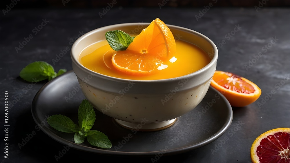 Tangerine pudding decorated with fresh fruit and mint leaves.. Tangerine pudding decorated with fresh fruit and mint leaves..