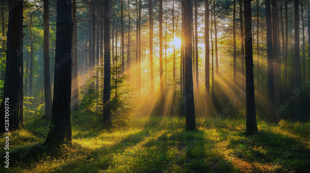Fototapeta premium Golden sunset illuminating tranquil pine forest landscape