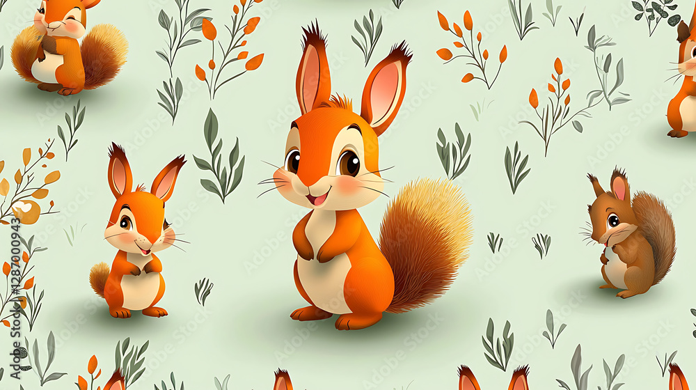 Naklejka premium A group of cartoon squirrels are standing in a field of green grass. generated using AI