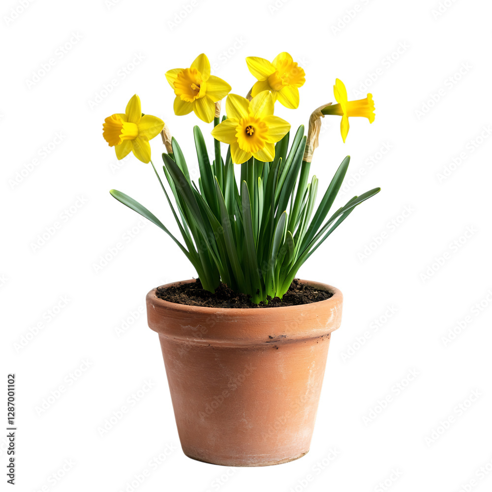 A Small Potted Daffodil Plant with Bright Yellow Flowers Isolated on Transparent Background A Small Potted Daffodil Plant with Bright Yellow Flowers Isolated on Transparent Background
