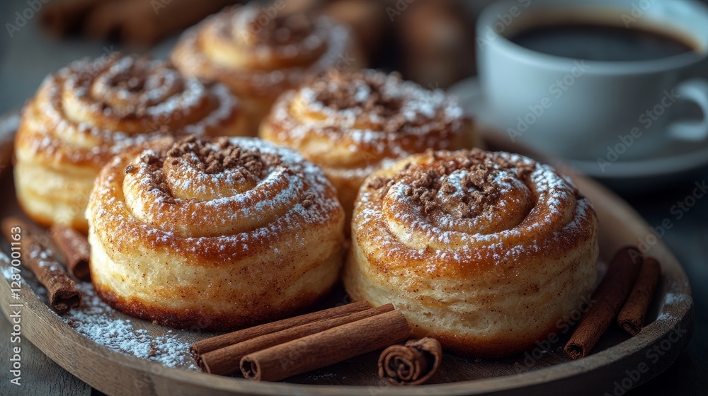 Coffee, sugar, cinnamon sticks, and sweet, handmade cinnamon buns on a platter Coffee, sugar, cinnamon sticks, and sweet, handmade cinnamon buns on a platter