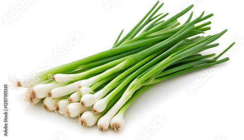 Lots of fresh green onions isolated on white photo
