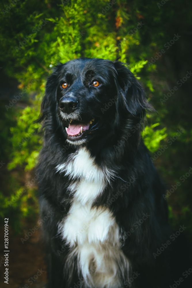 A large black dog stands proudly in front of a breathtaking natural backdrop, its sleek coat contrasting against the vibrant greenery. The expansive landscape of trees and open skies A large black dog stands proudly in front of a breathtaking natural backdrop, its sleek coat contrasting against the vibrant greenery. The expansive landscape of trees and open skies