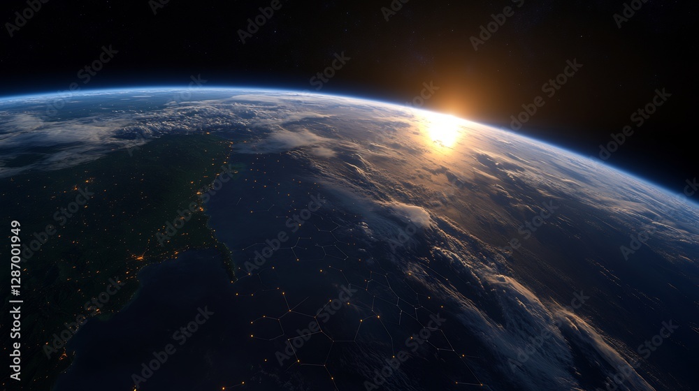 Fototapeta premium Stunning 3D Perspective Of Earth In Space Showing Sunrise With Illuminated Surface