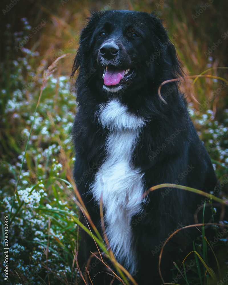 A large black dog stands proudly in front of a breathtaking natural backdrop, its sleek coat contrasting against the vibrant greenery. The expansive landscape of trees and open skies A large black dog stands proudly in front of a breathtaking natural backdrop, its sleek coat contrasting against the vibrant greenery. The expansive landscape of trees and open skies