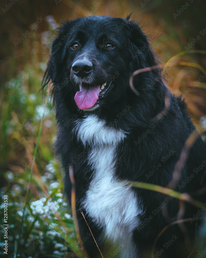 A large black dog stands proudly in front of a breathtaking natural backdrop, its sleek coat contrasting against the vibrant greenery. The expansive landscape of trees and open skies A large black dog stands proudly in front of a breathtaking natural backdrop, its sleek coat contrasting against the vibrant greenery. The expansive landscape of trees and open skies