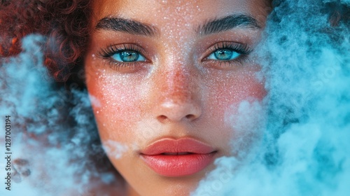Intimate Portrait of Woman with Sparkling Skin and Turquoise Haze