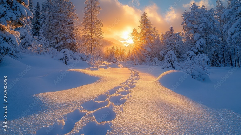 A snowy forest is depicted on a crisp winter morning. The ski footprints vanish behind a layer of snow, and the trees shine with frost. A snowy forest is depicted on a crisp winter morning. The ski footprints vanish behind a layer of snow, and the trees shine with frost.