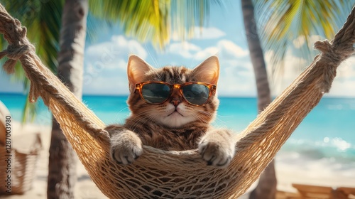 Chill cat wearing sunglasses, relaxing in hammock with tropical view.