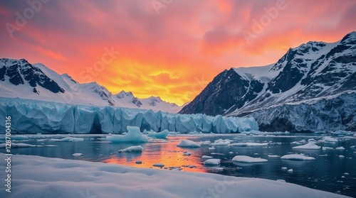 Glacier and icy lake under a vibrant sunset sky.