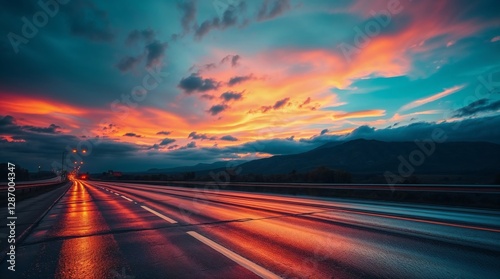 Wet highway reflecting vibrant sunset colors under a dramatic sky.