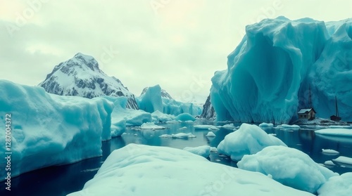 Massive icebergs and a small house in a frozen Arctic landscape.