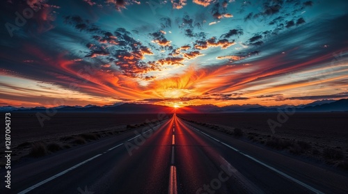 Endless highway leading into a dramatic sunset sky.