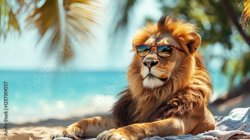 Cool lion relaxing on beach towel, ocean waves and palm trees.