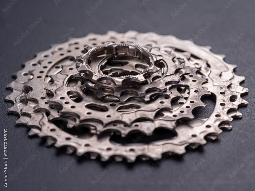 Bicycle sprockets on a dark background.