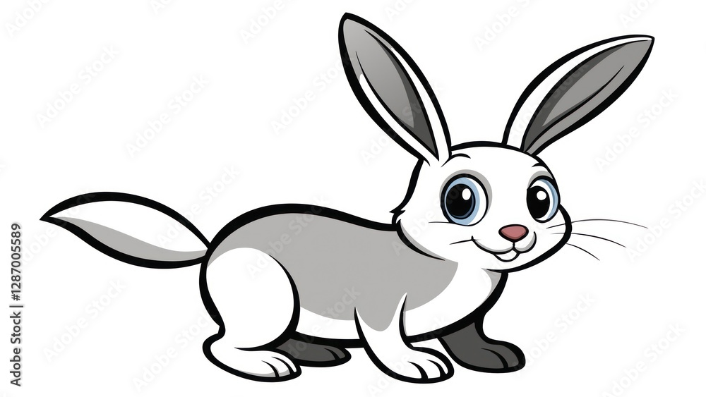 Obraz premium Cute Cartoon Rabbit Character Illustration on White Background with Furry White and Gray Ears and Tail