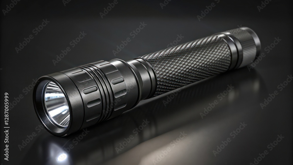 a high-quality flashlight on a dark reflective surface a high-quality flashlight on a dark reflective surface