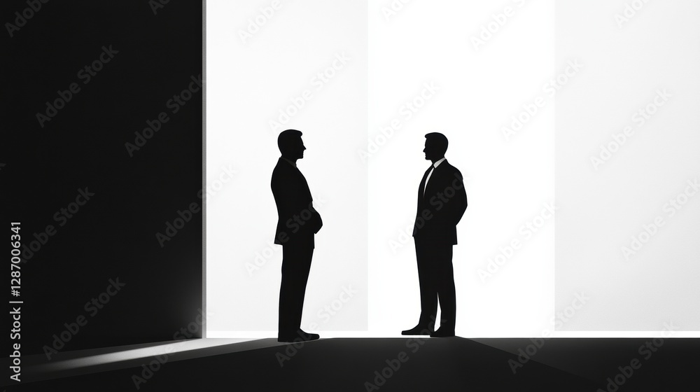 Fototapeta premium Two business professionals engage in a conversation in a minimalist setting with contrasting light and shadow. Generative AI
